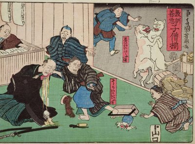 Enseñanza moral para dependientes, dando buenos y malos ejemplos de comportamiento, 1857 de Utagawa Kuniyoshi